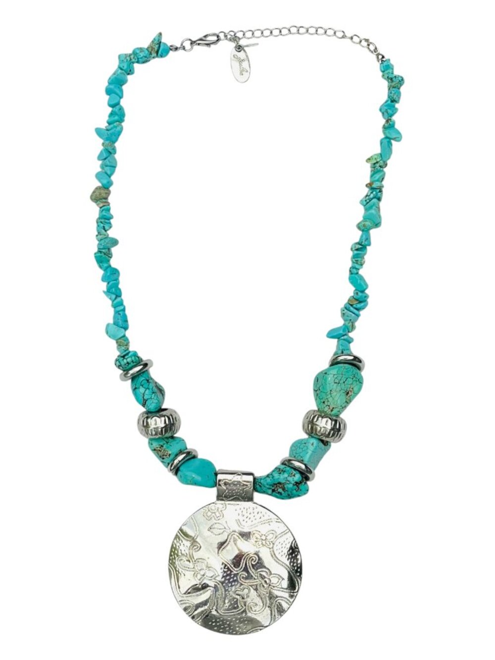 Turquois & Silver Chunky Southwestern Necklace, Round Center Pendant, Costume